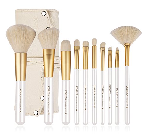 ZOREYA Makeup Brushes 10 piece Gold Professional Makeup Brush Set with Brush Holder Case Contains Concealer Brush Contour Powder Foundation Angled Face Lip Brush