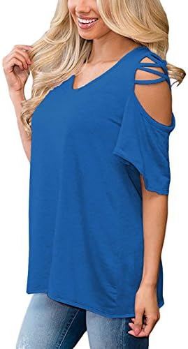 Slimming Girl Cold Shoulder Tops for Women V Neck Tshirts Short Sleeve Blouse Loose Tee Blue M