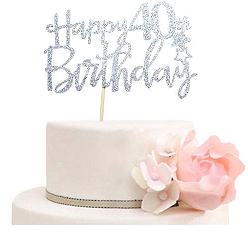 Happy 40th Birthday Cake Topper - Hello 40 - Cheers to 40 years Party Decorations Silver Glitter