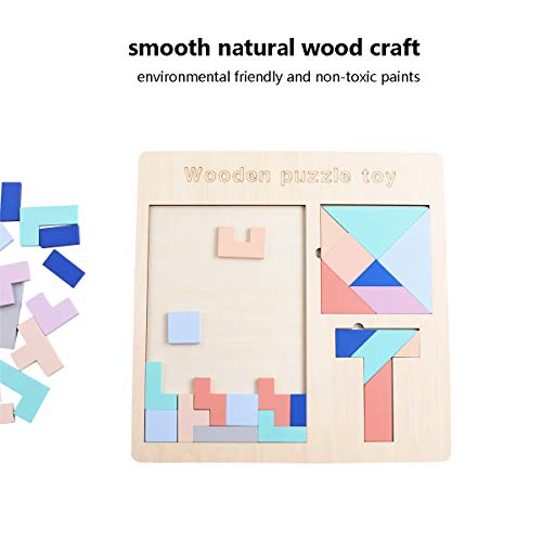 GEMEM 3 in 1 Wooden Tetris Puzzle Brain Teasers Toy Tangram Blocks T Jigsaw Game Intelligence Educational Toys for Children and Adults 51 Pieces