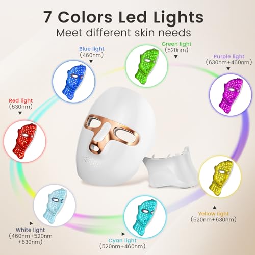 Red Light Therapy Mask for Face,LED Face Mask for Skin Care, 7 Colors Portable Red Light Face Mask, Facail Skin Care Mask for Home & Travel Use (Gold)