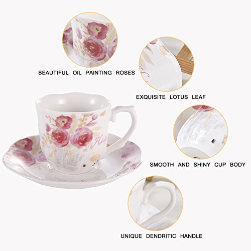 Bone China Tea Cups Coffee Cups and Saucers Sets of 2 Rose Painting Pattern Espresso Cups 7oz - Thumbnail 2