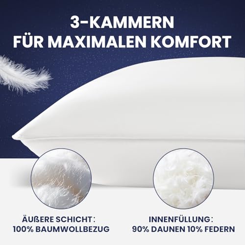 DEITAS Down Pillow - 3-Chamber Design for Optimal Neck Support, Soft & Breathable 100% Cotton Cover, Bed Pillow Perfect for Allergy Sufferers and Children (White, 80 x 80 cm (Pack of 1)