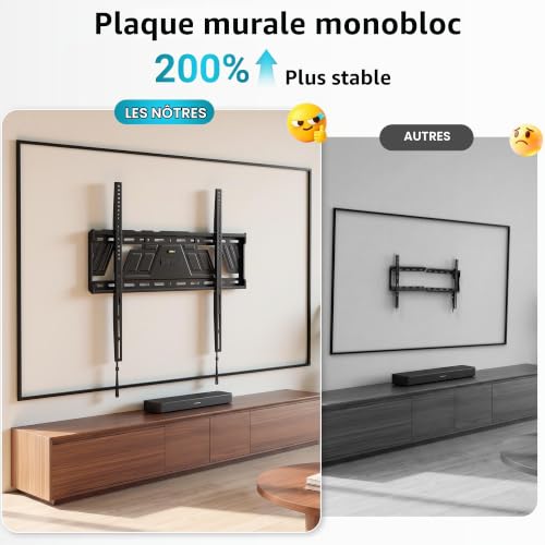 BONTEC Support Mural TV Fixe pour Téléviseurs 43 à 100 Pouces, Ultra Fin 23 mm, Charge Maximale 100 kg, VESA Max 800x600 mm, Fixation Murale Ultra Plate, Plaque Monobloc, Verrouillage Auto Sécurisé | Profil bas 23 mm, VESA max 800x600 mm, Plaque monobloc, Pour téléviseurs plats ou incurvés