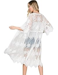 Anna-Kaci Womens Lace Flower Embroidered Loose Half Sleeves Long Kimono Cardigan