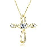 AulanRose Cross Pendant Necklace for Women 18K Gold/White Gold Infinity Necklaces Womens with Heart Birthstone,Religious Faith Christian Jewelry Mother's Day Gifts for Women