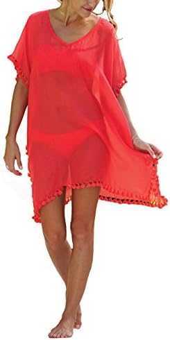 Women Beach Cover Up One Piece Swimwear Beach Dress (Tassel Watermelon Red)