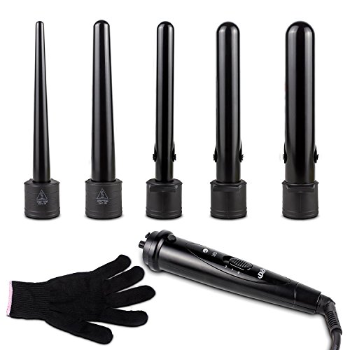 [5 in 1] Curling Wand Set with 5 Interchangeable Barrels, Wisdoman Curling Iron Set with Tourmaline Ceramic Coating (Adjustable Temperature 300Â°F - 410Â°F, Heat Resistant Glove)