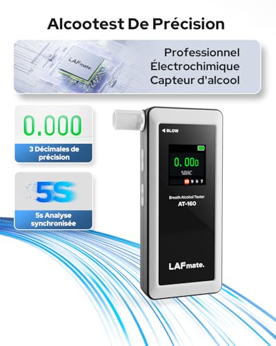 LAFMATE AT-160 Alcohol Tester, High Precision Alcohol Tester with Adjustable Alarm Threshold, LCD Display, Test Memory, Comes with 10 Tips - Perfect for Home Use