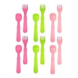 Re-Play Made in USA 12pk Toddler Feeding Utensils Spoon and Fork Set for Easy Baby, Toddler, Child Feeding - Bright Pink, Green, Baby Pink (Tulip) 6 Spoons/6 Forks