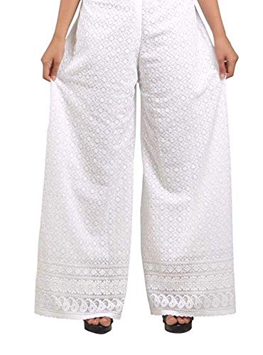 Women Plus Size White Chikan Full Embroidered Cotton Palazzo -XXL and 3XL