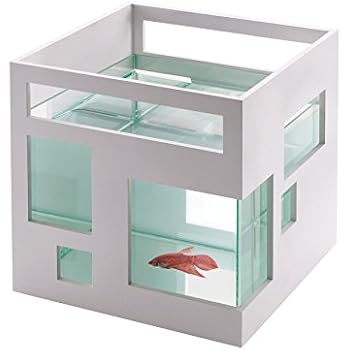 Umbra 460410-660 FishHotel Unique Glass 2 Gallons Mini Aquarium Tank Bowl for Goldfish Betta Glofish and Small Fish perfect as Home Business Birthday Gift Ideas, White