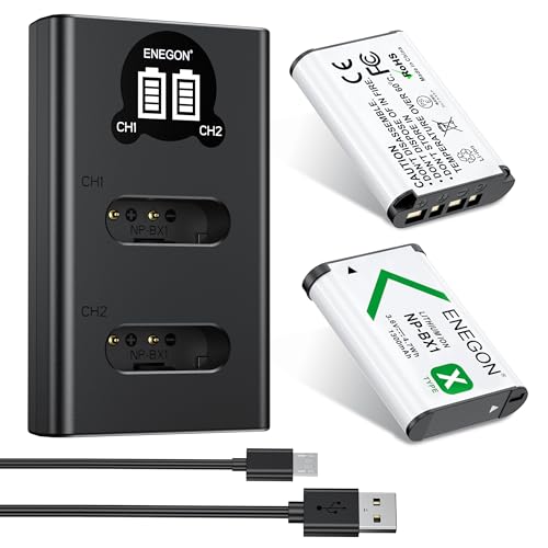 ENEGON NP-BX1 Batería de Repuesto (2 * 1300 mAh) y LCD rápido Cargador para Sony ZV-1, Cyber-Shot DSC-RX100, DSC-RX100 II/III/M4/M5/M6/M7/Ⅳ/Ⅴ/Ⅵ/Ⅶ/VA, DSC-RX100M II, HDR-CX405