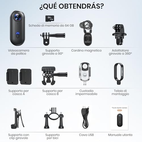 Sicilaien Cámara de Acción 360°, Mini Cámara Corporal POV, Subacuática 30m, WiFi, Gran Angular 120°, +10 Accesorios para Ciclismo, Viajes, Mascotas, Caminatas, Deportes + Tarjeta 64GB
