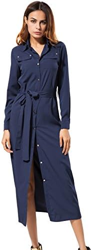 Women Casual Midi Dresses Buttons Long Sleeve Pencil Dress Autumn (Large, Navy)