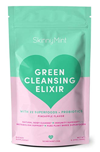 SkinnyMint Green Cleansing Elixir. Greens Superfood Powder containing 22+ Whole Foods (Wheat Grass, Spirulina, Chlorella) Probiotics, Fiber. Non GMO, Gluten Free, Vegan, Keto Approved