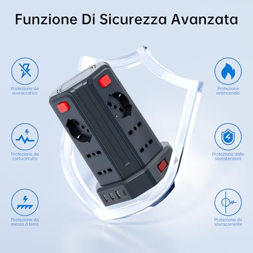 Power Strip 3 m with 12 Universal Sockets 10/16A ITA and Schuko and 3 USB A+1 USB C Overvoltage Protection with 4 Independent Switches, Black