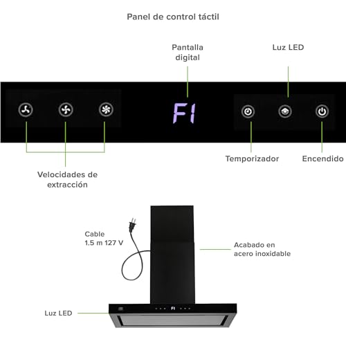 AVERA Campana para cocina de Isla 90 cm Tipo T, Acero Inoxidable, 3 Velocidades, Filtros metálico lavable y Filtro de carbón activado, Extrae y purifica, Control por botones | CEN90B