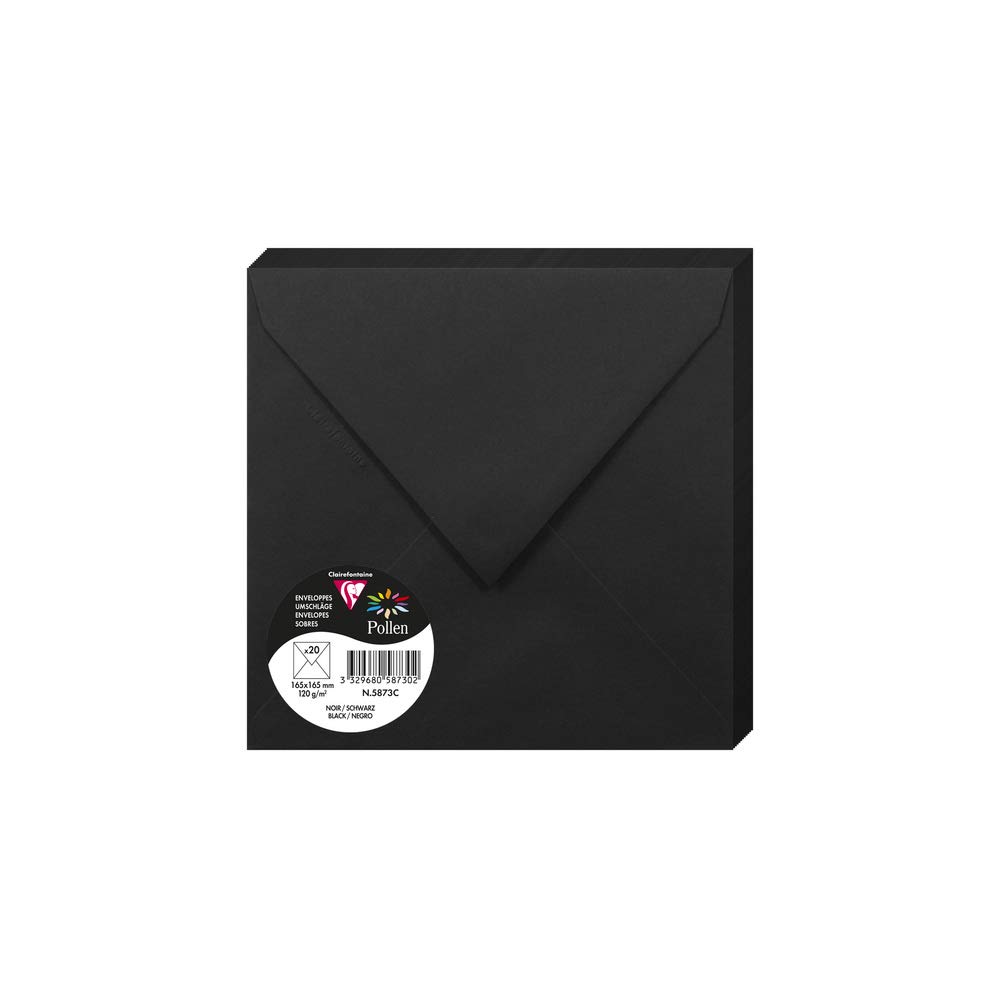 Clairefontaine 5873C Pack of 20 Gummed Envelopes Square Format 16.5x16.5cm 120g/m² Black Invitation Events Correspondence Pollen Range - Premium Smooth Paper