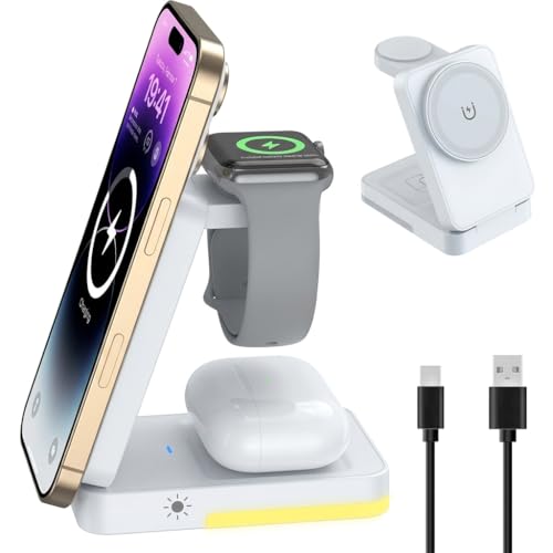 UZNOONL 3 en 1 Cargador Inalámbrico para iPhone - Plegable Portátil Cargador, 15W Adaptador de Corriente+1m Cable para iPhone 17 16 15 14 13 12 Serie, Apple Watch, AirPods (Blanco)