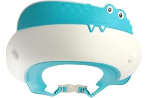 THCBME Baby Shower Cap Shield, Shower Cap for Kids, Visor Hat for Eye and Ear Protection for 0-9 Years Old Children,Cute Dinosaur/Crocodile/Hippo shape Makes the Baby Bath More Fun (Crocodile, Blue)