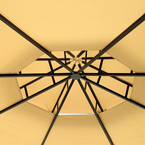 2-Tier Roof Light Brown 12.5 FT Steel Pavilion Canopy Tent Outdoor Octagon Patio Gazebo Shelter Outdoor Sun Shade w/ 4 Padded Benches with Ebook