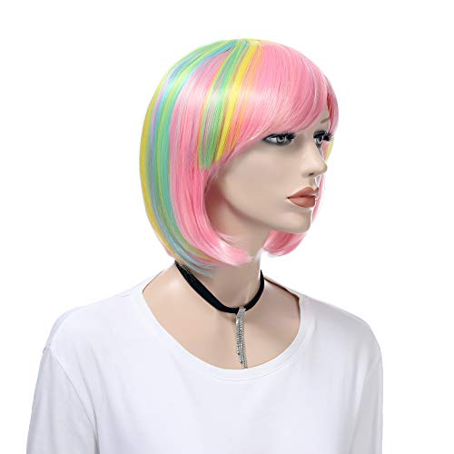 Wigood 14 inch Pink Bob Wig Short Straight with Free Wig Cap Cosplay Wigs for Kids Women