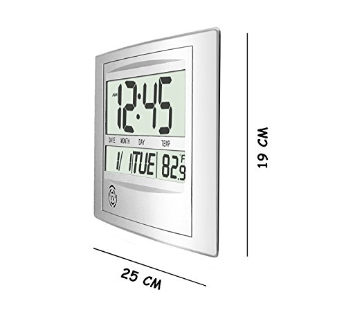 HeQiao Digital Wall Clock Decorative Silent Desk Shelf Clock Easy to Read Large LCD Calendar Temperature Battery Alarm Clock for Seniors Elderly Home Office (12 Inch, 2 Alarms) (Luxury Silver) - Thumbnail 2