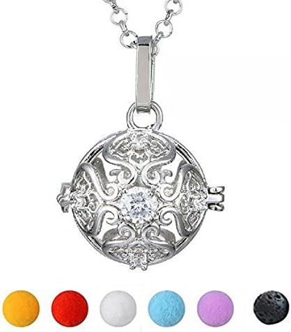 SisFrog Aromatherapy Essential Oil Diffuser Locket Necklace Pendant Cage Locket Necklace with Lava Stone and 5 Colored Cotton Balls, Birthday, Easter Gifts for Women, Mother (Silver)