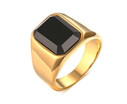 FANSING Mens Wedding Rings Womens, Black Agate Ring, Stainless Steel, Gold, Size 10