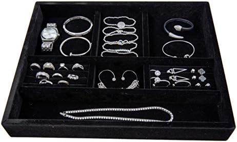 Jewelry Tray Drawer Insert, Jewelry Organizer, Velvet and Wood Tray for Jewelry, Bracelets, Earrings, Necklaces, Rings, Durable and Stackable, Handmade in USA, 7 Compartments, Black 15"x12"x2 (black)
