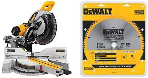 DEWALT DWS779 12 Sliding Compound Miter Saw with DEWALT DW3128 Series 20 12-Inch 80 Tooth ATB Thin Kerf Crosscutting Miter Saw Blade with 1-Inch Arbor