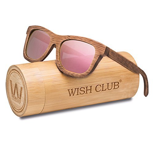 WISH CLUB Bamboo Wood Frame Lightweight Sunglasses Polarized UV 400 Retro Floating Square Mirrored Lenses Fashion Glasses (Pink)