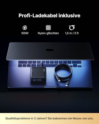 USB C Ladegerät, 100W 3-Port Laptop Schnellladegerät mit USB C Kabel, GaN Mehrfach Netzteil für MacBook Air Pro, iPad, iPhone 17 16 15 Pro Max, Samsung Galaxy S25 S24 Ultra, Pixel, Switch 2 etc