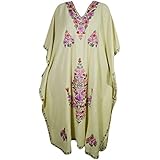 Mogul Interior Womens Yellow Caftan Maxi Dress Floral Embroidery Embellished Kimono Kaftan Evening Dresses