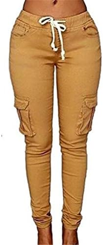 Cruiize Womens Casual Stretch Drawstring Skinny Solid Cargo Jogger Pants Khaki Medium
