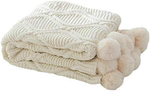YUNJIN Cotton Knitted Blanket Lightweight Reversible Throw Weave Bed Blanket with Pompoms for Home Decorative Décor Bed Sofa Couch Chair(51"x63",White)