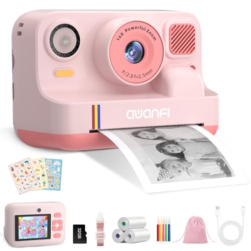 Instant Camera Child Gift Toy Girl Boy 3-12 Years, AWANFI Digital Video Camera 1080P 32GB Card with 3 Rolls of Paper and Bluetooth APP Printing