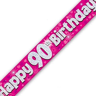 British Ballet® 90th Happy Birthday Banner Pink (2.7m x 13cm) • Decoration for Age 90 Celebrations • Holographic Design • Birthday Supply • Foil Pennant for Indoor & Outdoor Use