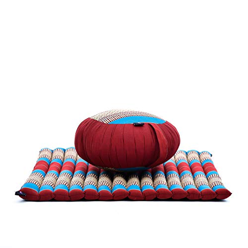 Leewadee Meditation Cushion Set – 1 Round Zafu Meditation Pillow and 1 Square Roll-Up Zabuton Meditation Mat, Pillows Bundle Filled with Kapok, Blue Red
