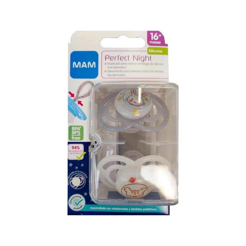 MAM Perfect Night S211 Pacifier with Ultra-Soft Silicone Teat for Babies 16 Months and Up, Glow in The Dark, with Self-Sterilizing Box, Neutral, 2 Count (Pack of 1)