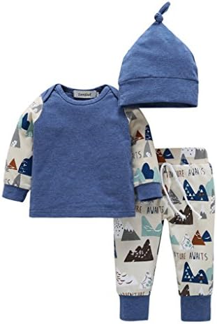 Baby Boys Girls Mountains Adventure Top Cotton Pants Hat 3pcs Outfits Kids Clothes (0-6M, Blue)