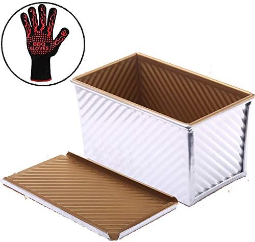 TAMUME 450g Loaf Pan Bread Baking Mould with Sliding Lid for Square Bread, Toast Mould, Non-Stick Loaf Tin with Cover, Oven MItt Included (Gold)