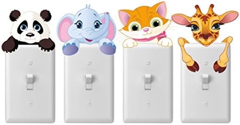 Merry Magic nursery wall decal stickers for light switches 4 pack - Baby animals, safari, zoo, panda, elephant, giraffe, cat - Boy girl unisex baby shower gifts - Easy peel and stick wall adhesives