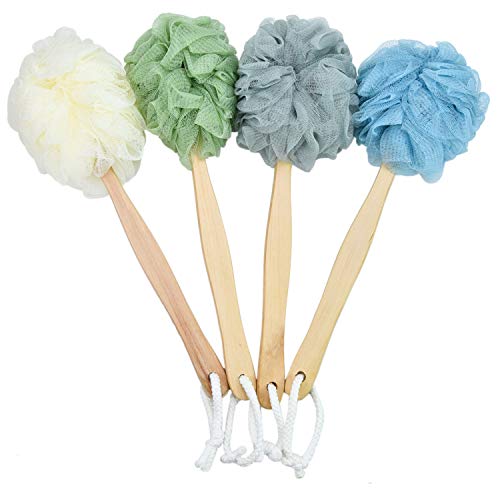 Pomeat 4 PCS Bath Loofah with Long Handle Wooden Shower Body Brush for Health and Beauty