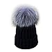 Dikoaina Womens Girls Knitted Fur Hat Real Large Silver Fox Fur Pom Pom Beanie Hats