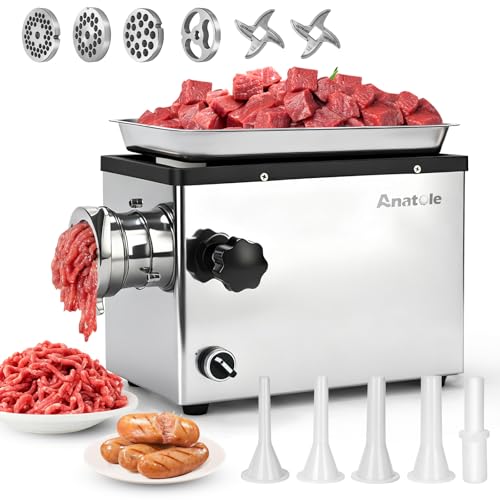 Anatole Professional Electric Meat Mincer 950W Stainless Steel Multifunctional Sausage Stuffing with 6/8/10mm/3-Hole Plate 2 Grinding Blades 1 Sausage Filler 220V