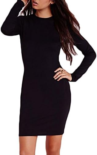 HTOOHTOOH Womens Round Neck Long Sleeve Solid Sexy Club Bodycon Party Mini Dress Black M