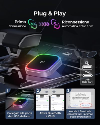 WityEye Wireless CarPlay and Android Auto Adapter with RGB Ambient Light, Dual Core WiFi to 5.8GHz, Bluetooth V5.3, Fast and Stable, for Apple iPhone iOS 10+, Android 11+ Smartphone
