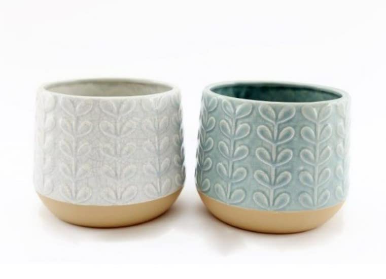 Set of 2 Contemporary Cracked Ceramic Effect Leaf Embossed Round Plant Pot/Planters - AQUA and PALE GREY - 15cm
